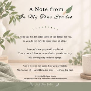 May include: A digital print featuring the text A Note from In My Tone Studio, followed by a message about a binder, blank pages, and Worksheet 19. The design includes a small leaf graphic, copyright 2026, and a footer with the studio name.