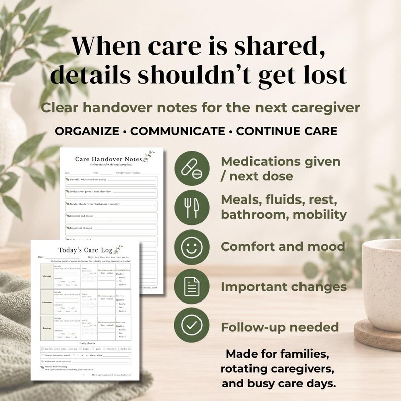 May include: A care handover notes and daily care log template featuring black text on white paper. The document includes sections for medications, meals, comfort, and important changes. Icons represent care tasks like pills, food, and mood tracking.