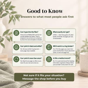 May include: An informational graphic titled Good to Know with six FAQ boxes regarding printable PDF files. The text addresses typing, contents, black and white printing, ring binder compatibility, reprinting, and medical record status, plus a contact prompt.