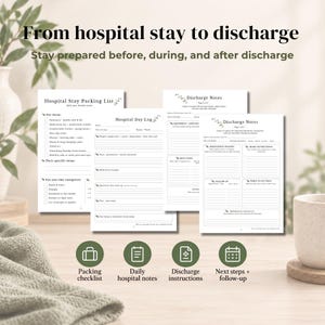 May include: A set of printed hospital stay planning documents including a Hospital Stay Packing List, Hospital Day Log, and Discharge Notes. The pages feature black text on white paper with leaf illustrations and four circular icons below.
