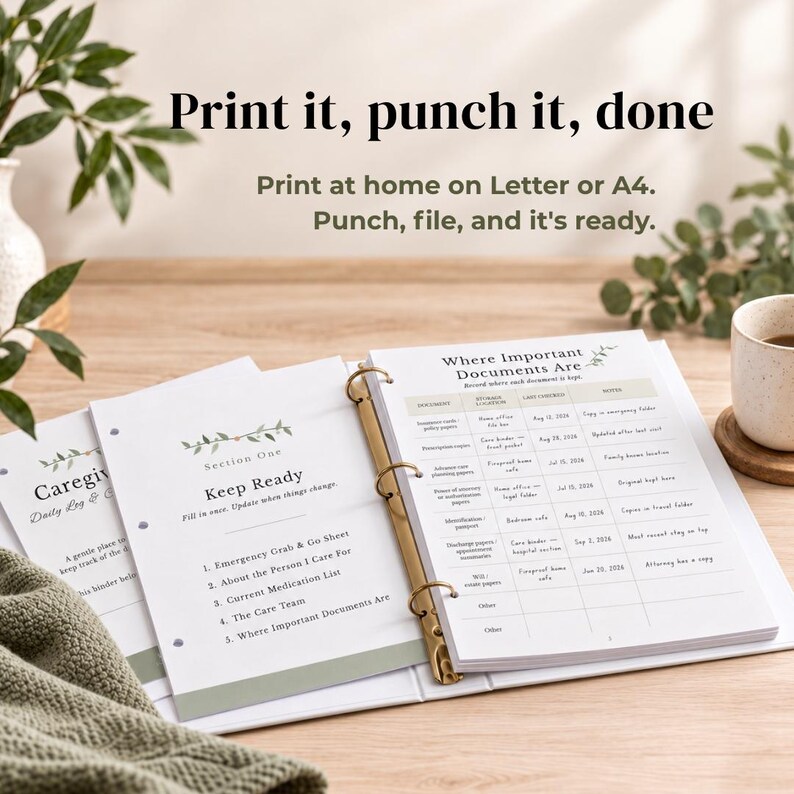 May include: A white three-ring binder containing printed pages with the text Print it, punch it, done and Print at home on Letter or A4. Punch, file, and it's ready. The pages feature sections titled Section One Keep Ready and Where Important Documents Are.