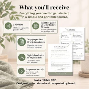 May include: A digital printable document set featuring a Start Here guide and Before You Begin page. The text includes What you'll receive, 3 PDF files, 26 pages per size, 19 write-in worksheets, and instructions that it is not a fillable PDF.