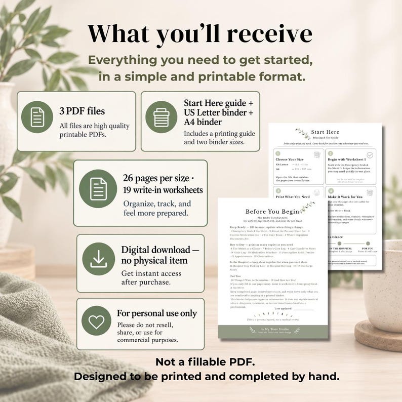 May include: A digital printable document set featuring a Start Here guide and Before You Begin page. The text includes What you'll receive, 3 PDF files, 26 pages per size, 19 write-in worksheets, and instructions that it is not a fillable PDF.