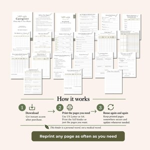 May include: A collection of printable caregiver daily log and care planner pages featuring various medical tracking forms, medication schedules, and appointment logs. The text includes titles like Caregiver Daily Log and Care Handover Notes.
