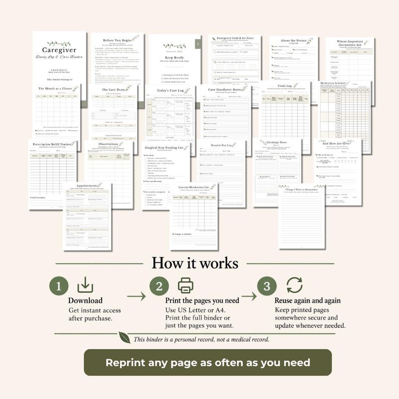 May include: A collection of printable caregiver daily log and care planner pages featuring various medical tracking forms, medication schedules, and appointment logs. The text includes titles like Caregiver Daily Log and Care Handover Notes.
