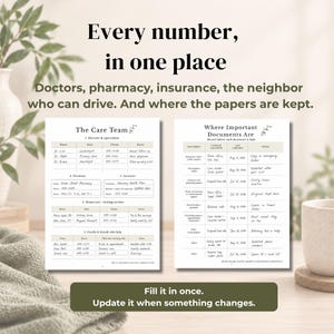 May include: Two white printed medical information forms titled The Care Team and Where Important Documents Are. The text includes Every number, in one place, Doctors, pharmacy, insurance, the neighbor who can drive, and Fill it in once.