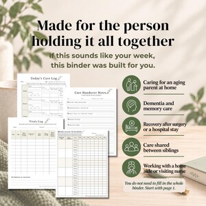 May include: A caregiving binder set featuring printed log sheets titled Today's Care Log, Care Handover Notes, Vitals Log, and Medication Schedule. The pages include tables for tracking health data, with green circular icons listing care scenarios.
