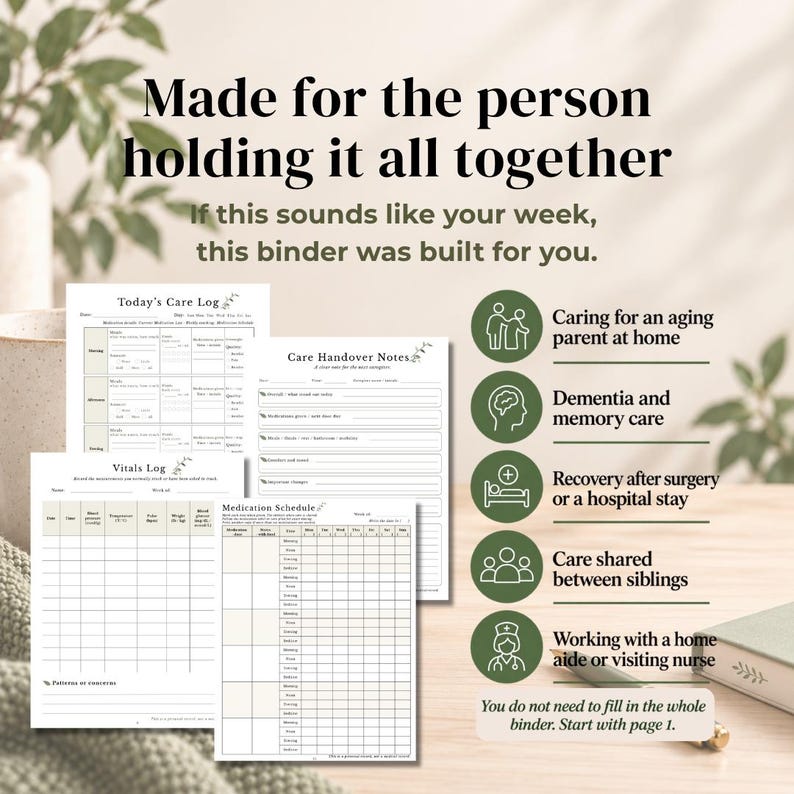 May include: A caregiving binder set featuring printed log sheets titled Today's Care Log, Care Handover Notes, Vitals Log, and Medication Schedule. The pages include tables for tracking health data, with green circular icons listing care scenarios.