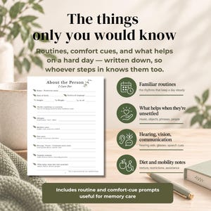 May include: A white document titled About the Person I Care For with lines for personal details, health conditions, allergies, mobility, diet, and routines. It features green leaf icons and text prompts for caregiving, including sections for familiar routines, comfort cues, and communication needs.