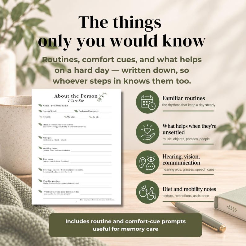 May include: A white document titled About the Person I Care For with lines for personal details, health conditions, allergies, mobility, diet, and routines. It features green leaf icons and text prompts for caregiving, including sections for familiar routines, comfort cues, and communication needs.