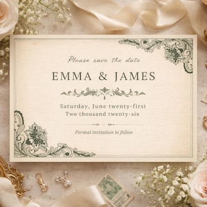May include: A vintage-style wedding invitation with the names EMMA & JAMES, surrounded by floral accents. The invitation includes the date: Saturday, June twenty-first, Two thousand twenty-six. Soft colors and decorative elements create an elegant aesthetic.