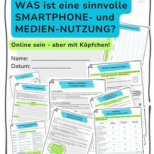 May include: A worksheet titled "What is a meaningful smartphone and media use?" in German. The document includes sections on cyberbullying, fake news, and media usage. The text "Online sein - aber mit Köpfchen!" is also visible.
