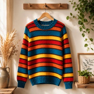 Può includere: Un maglione in maglia a maniche lunghe con un motivo a righe orizzontali in vivaci tonalità di blu, giallo, arancione e rosso. Il capo presenta un girocollo a coste blu tinta unita, polsini a coste e un orlo a coste in filato grosso.