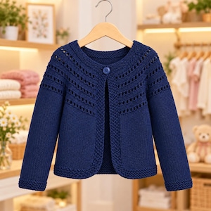 May include: A navy blue knit cardigan featuring a round neckline, long sleeves, and a single button closure at the top. The garment displays a decorative openwork stitch pattern across the upper chest and shoulders, with a solid knit texture below.