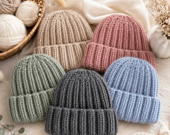 Easy Beanie Knitting Pattern PDF, 2x2 Rib Hat Pattern, Chunky Yarn Winter Beanie, Folded Brim Knit Hat, Digital Download