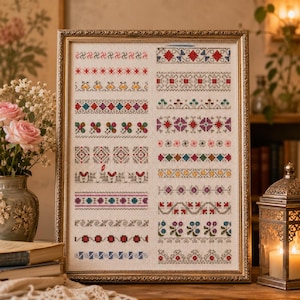 Vintage Cross Stitch Borders Pattern PDF, Decorative Sampler Motifs, Traditional Embroidery Borders, Instant Download