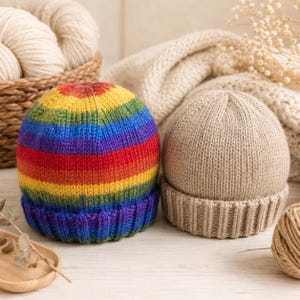 Op de afbeelding: Twee gebreide mutsen, één met horizontale regenboogstrepen in rood, oranje, geel, groen, blauw en paars, en de andere in een effen beige kleur. Beide mutsen hebben een geribbelde boord en een afgeronde bovenkant van zacht garen.