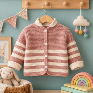 May include: A long-sleeve knit cardigan in dusty rose and cream stripes. The garment features a textured garter stitch pattern, a rounded cream-colored collar, and four white buttons down the center front. The cuffs are folded over in cream.