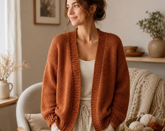 Modello PDF per cardigan oversize lavorato a maglia, maglione aperto sul davanti, cardigan caldo e accogliente, download immediato.