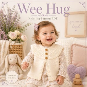 Op de afbeelding: Een breipatroon PDF getiteld Wee Hug met een crèmekleurig gebreid vestje met drie houten knopen. Het vestje heeft een geribbelde kraag en een eenvoudig gebreid lijfje. De tekst Wee Hug en Knitting Pattern PDF staat bovenaan.