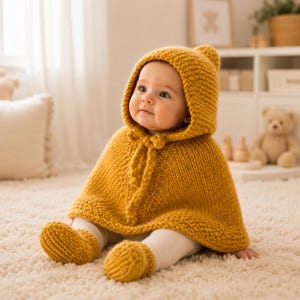 Op de afbeelding: Een mosterdgele gebreide poncho met capuchon en een bijpassend paar gebreide slofjes. De poncho is voorzien van een gestructureerd ribbelsteekpatroon, een puntige capuchon en een eenvoudige striksluiting bij de hals voor een warme uitstraling.