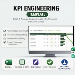May include: A computer monitor displays a KPI Engineering template. The image includes the text "KPI ENGINEERING TEMPLATE" and features icons for Excel, Google Sheets, and instant download. The template is designed to track and analyze key performance indicators.