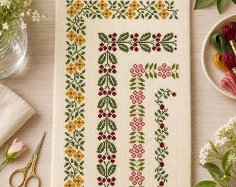 Patrón de punto de cruz con borde floral en PDF, gráfico de muestrario botánico, arte de pared con marco floral vintage, descarga instantánea.