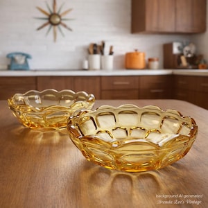 Juego de 2 cuencos de postre de cristal ámbar vintage con diseño de huella dactilar y borde festoneado, estilo MCM.