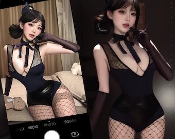 Catsuit en similicuir noir et résille fait main avec découpes dos nu avec nœud Lingerie élégante pour soirées à thème Cadeau pour elle