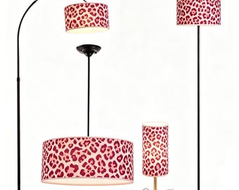 Lámpara LuminaArtisan personalizada con estampado de leopardo rosa / Pantalla de lino, luz regulable de 3 colores para dormitorio y sala de estar.