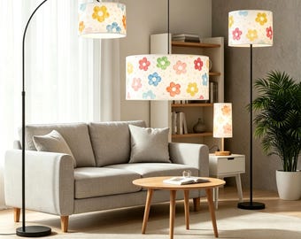 LuminaArtisan Watercolor Flower Print Lamp Set, Custom 4-in-1 Linen Shade 3-Color Light for Boho Home Decor