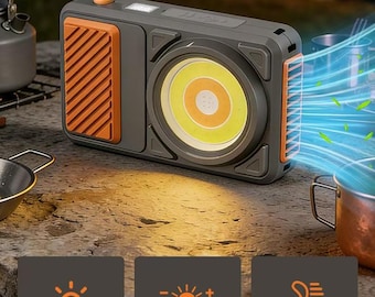 Linterna de camping 3 en 1 con ventilador y batería externa / Luz de trabajo LED recargable de 6000 mAh