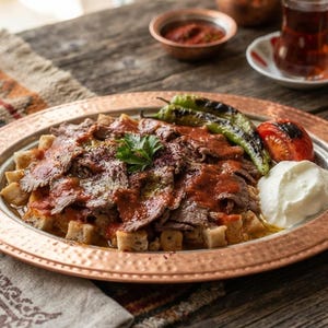 Traditionellt turkiskt Iskender Kebab-recept i PDF-format Autentisk döner kebab Utskrivbar kokbok Matlagningsguide för gourmetmatlagning från Mellanöstern
