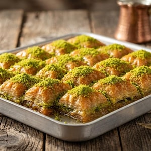 Könnte beinhalten: Ein rechteckiges Metalltablett gefüllt mit quadratischen Stücken aus goldbraunem, blättrigem Baklava, das mit fein gehackten, leuchtend grünen Pistazien bestreut ist. Das Gebäck ist in einem Gittermuster angeordnet und zeigt viele Schichten Filoteig.