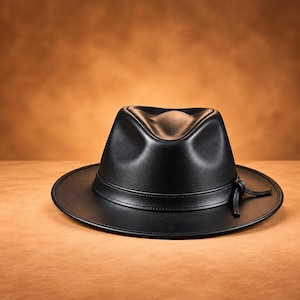 Op de afbeelding: Een zwarte fedora hoed met een gladde, gestructureerde afwerking en een ingedeukte kroon. De hoed heeft een bijpassende zwarte band rond de basis met een klein, geknoopt lederachtig strikdetail aan de zijkant en een brede, platte rand rondom.