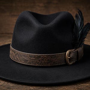 Może przedstawiać: Czarny filcowy kapelusz typu fedora z szerokim, teksturowanym brązowym skórzanym paskiem z metalową klamrą. Kapelusz jest ozdobiony dwoma ciemnymi piórami włożonymi z boku paska, tworząc wyraźny kontrast z gładkim czarnym materiałem.