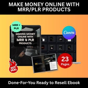 Könnte beinhalten: Ein digitales Produktpaket mit einem 23-seitigen E-Book mit dem Titel Making Money Online with MRR & PLR Products. Die Grafik enthält ein Canva-Logo, ein Hot-Deal-Abzeichen und ein MRR + PLR-Etikett vor einem orangefarbenen Hintergrund.