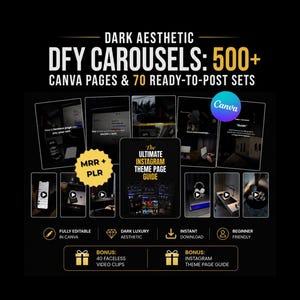 Könnte beinhalten: Ein digitales Produktpaket mit über 500 Canva-Seiten und 70 sofort postbaren Karussells in dunkler Ästhetik. Enthält MRR- und PLR-Rechte, einen Leitfaden mit dem Titel The Ultimate Instagram Theme Page Guide, 40 Bonus-Videoclips und einen Bonus-Leitfaden.