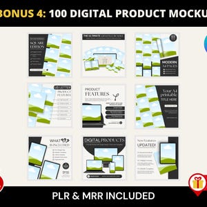 以下が含まれることがあります： 「BONUS 4: 100 DIGITAL PRODUCT MOCKUPS」のテキストと、さまざまなデジタル製品のモックアップが掲載されたプロモーション用グラフィック。画像にはCanvaのロゴと「HOT DEAL」、「PLR & MRR INCLUDED」、「EXTRA BONUS」というフレーズが含まれています。
