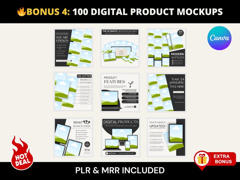 以下が含まれることがあります： 「BONUS 4: 100 DIGITAL PRODUCT MOCKUPS」のテキストと、さまざまなデジタル製品のモックアップが掲載されたプロモーション用グラフィック。画像にはCanvaのロゴと「HOT DEAL」、「PLR & MRR INCLUDED」、「EXTRA BONUS」というフレーズが含まれています。