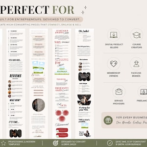 May include: A digital marketing template bundle featuring five vertical page layouts with text sections, review blocks, and testimonial areas. The right side displays icons for digital sellers, coaches, and freelancers with the text For Every Business Model.