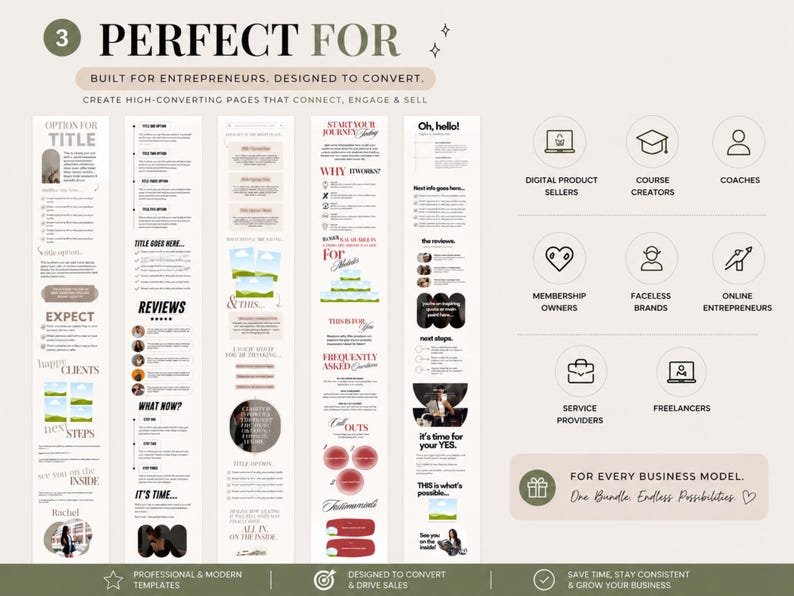 May include: A digital marketing template bundle featuring five vertical page layouts with text sections, review blocks, and testimonial areas. The right side displays icons for digital sellers, coaches, and freelancers with the text For Every Business Model.