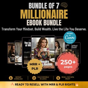 May include: A digital bundle of 7 millionaire ebooks featuring covers with imagery of people and text. The graphic includes the text BUNDLE OF 7 MILLIONAIRE EBOOK BUNDLE, Transform Your Mindset. Build Wealth. Live the Life You Deserve, MRR + PLR, 250+ pages, and READY TO RESELL WITH MRR & PLR RIGHTS.