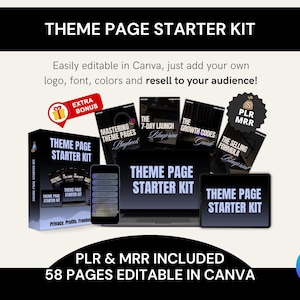 Könnte beinhalten: Ein digitales Marketing-Theme-Page-Starter-Kit mit dem Text "THEME PAGE STARTER KIT" auf einem Laptop, Telefon und anderen Materialien. Enthält die Etiketten "EXTRA BONUS" und "HOT DEAL". Das Kit enthält 58 bearbeitbare Seiten in Canva.