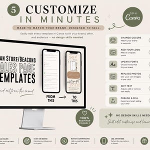 May include: A digital graphic displaying Stan Store and Beacons sales page templates on a computer monitor. The image features text including 5 CUSTOMIZE IN MINUTES, FROM THIS TO THIS, and a list of editing features like change colours and add logo.