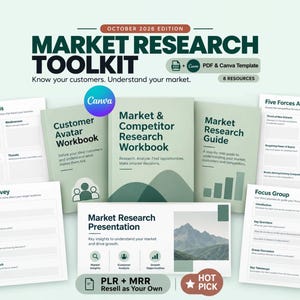 May include: A Market Research Toolkit featuring a collection of documents including a Customer Avatar Workbook, Market & Competitor Research Workbook, Market Research Guide, SWOT Analysis, Market Survey, Focus Group, and Market Research Presentation.