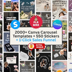 Könnte beinhalten: Eine Collage von Social-Media-Grafiken, die Canva-Vorlagen, Aufkleber und einen Sales Funnel bewerben. Der zentrale Text lautet "2000+ Canva Carousel Vorlagen + 550 Sticker + 1-Klick Sales Funnel". Verschiedene Designtipps sind ebenfalls enthalten.
