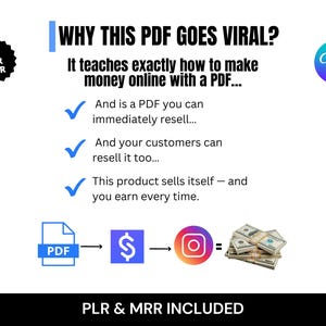 以下が含まれることがあります： 「なぜこのPDFがバイラルになるのか？」というテキストと「PDFでお金を稼ぐ方法を正確に教えています...」というテキストが書かれた白いグラフィック。PDF、ドル記号、Instagram、現金のアイコンが含まれています。「PLR & MRR INCLUDED」というテキストも含まれています。