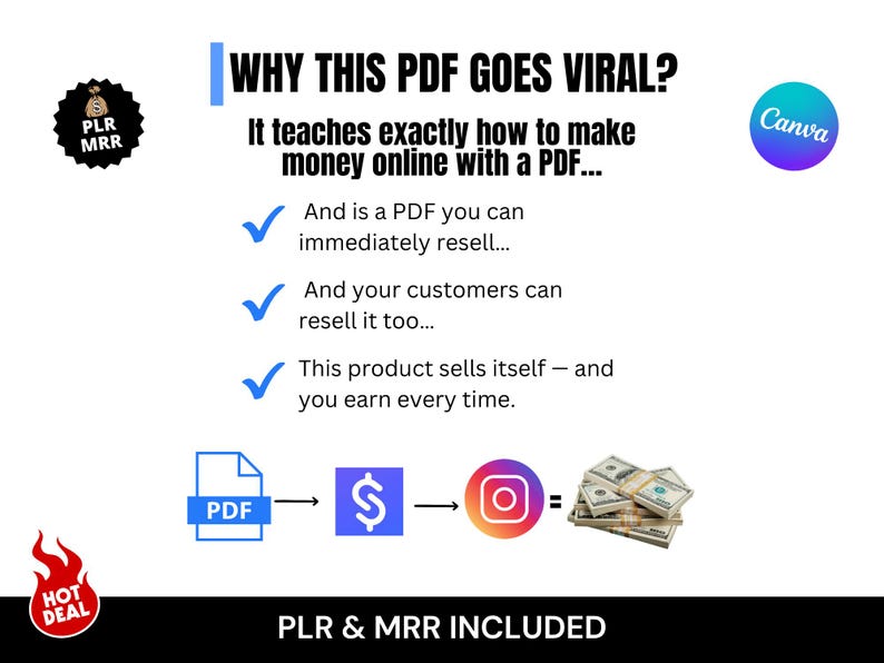 以下が含まれることがあります： 「なぜこのPDFがバイラルになるのか？」というテキストと「PDFでお金を稼ぐ方法を正確に教えています...」というテキストが書かれた白いグラフィック。PDF、ドル記号、Instagram、現金のアイコンが含まれています。「PLR & MRR INCLUDED」というテキストも含まれています。