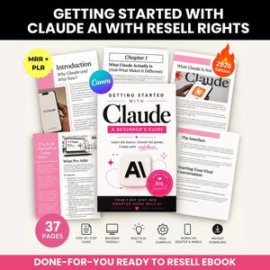 Könnte beinhalten: Ein digitaler Leitfaden mit dem Titel Getting Started with Claude AI with Resell Rights, der 37 Seiten umfasst. Das Cover zeigt den Text A Beginner's Guide und enthält Symbole für Schritt-für-Schritt-Anleitungen, praktische Tipps und Beispiele.